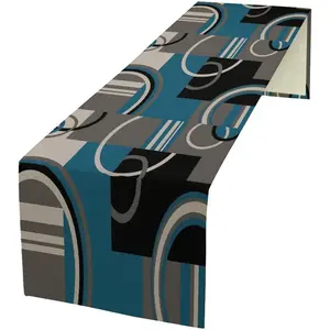 Geometric Teal Black Gray White Minimalist Contemporary Circle Swirls Dinner Runner for Dining 13x60in