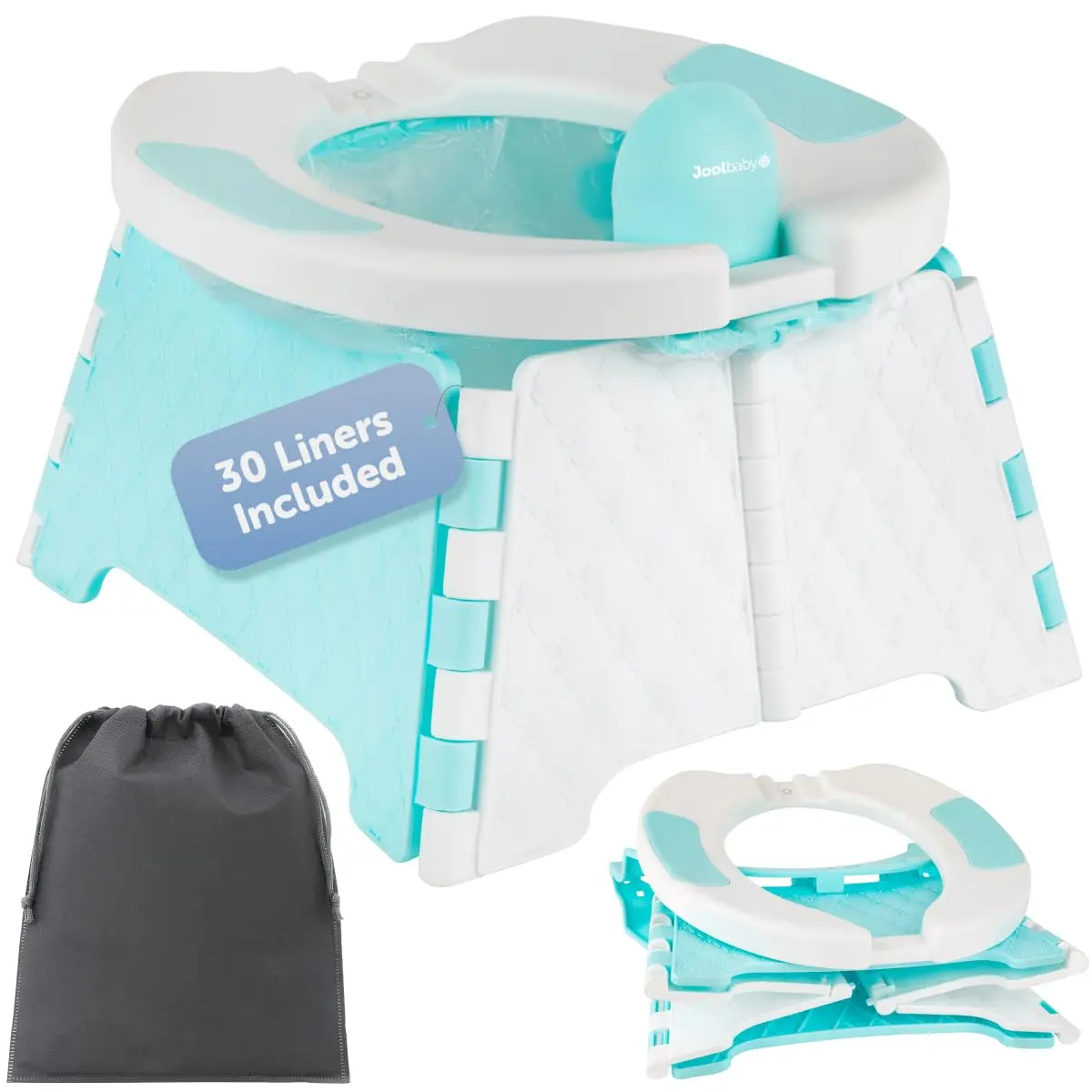 Portable Potty Training Chair with Travel Bag and 30 Liners, Foldable, Indoor/Outdoor Use, Camping (Aqua)