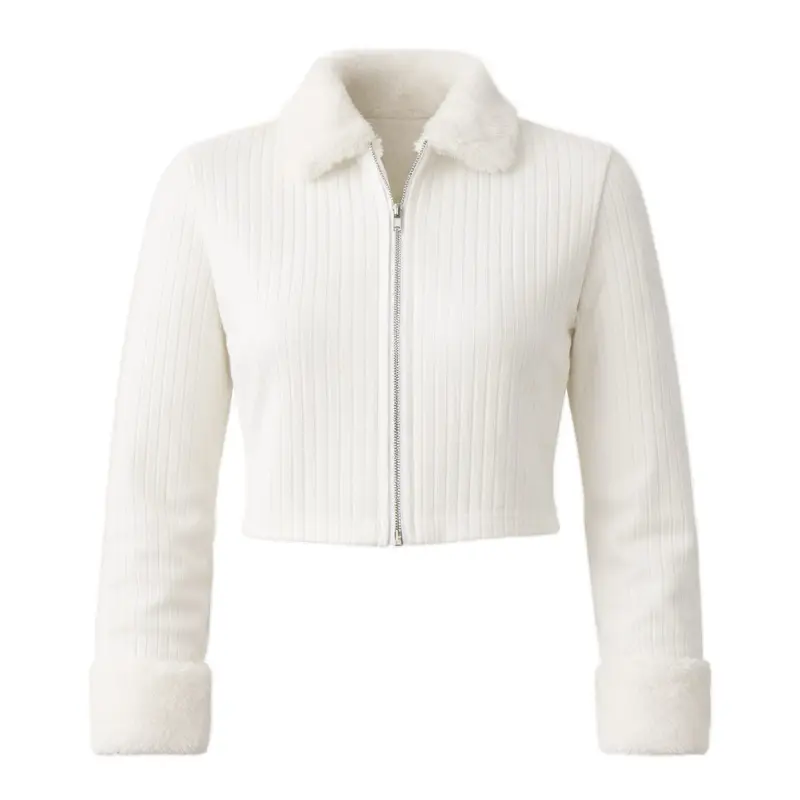 White zipper fur collar and cuffs ribbed sweater