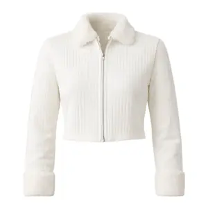 White zipper fur collar and cuffs ribbed sweater