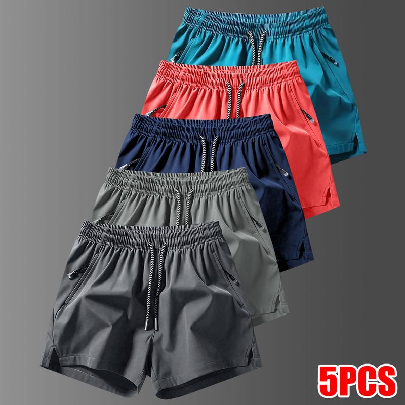 Men's 5-Pack Solid Color Casual Shorts with Zipper Pockets, Summer Fashion Drawstring Athletic Shorts, Suitable for Summer Gym Workouts, Running, and Outdoor Activities, Comfortable and Adjustable