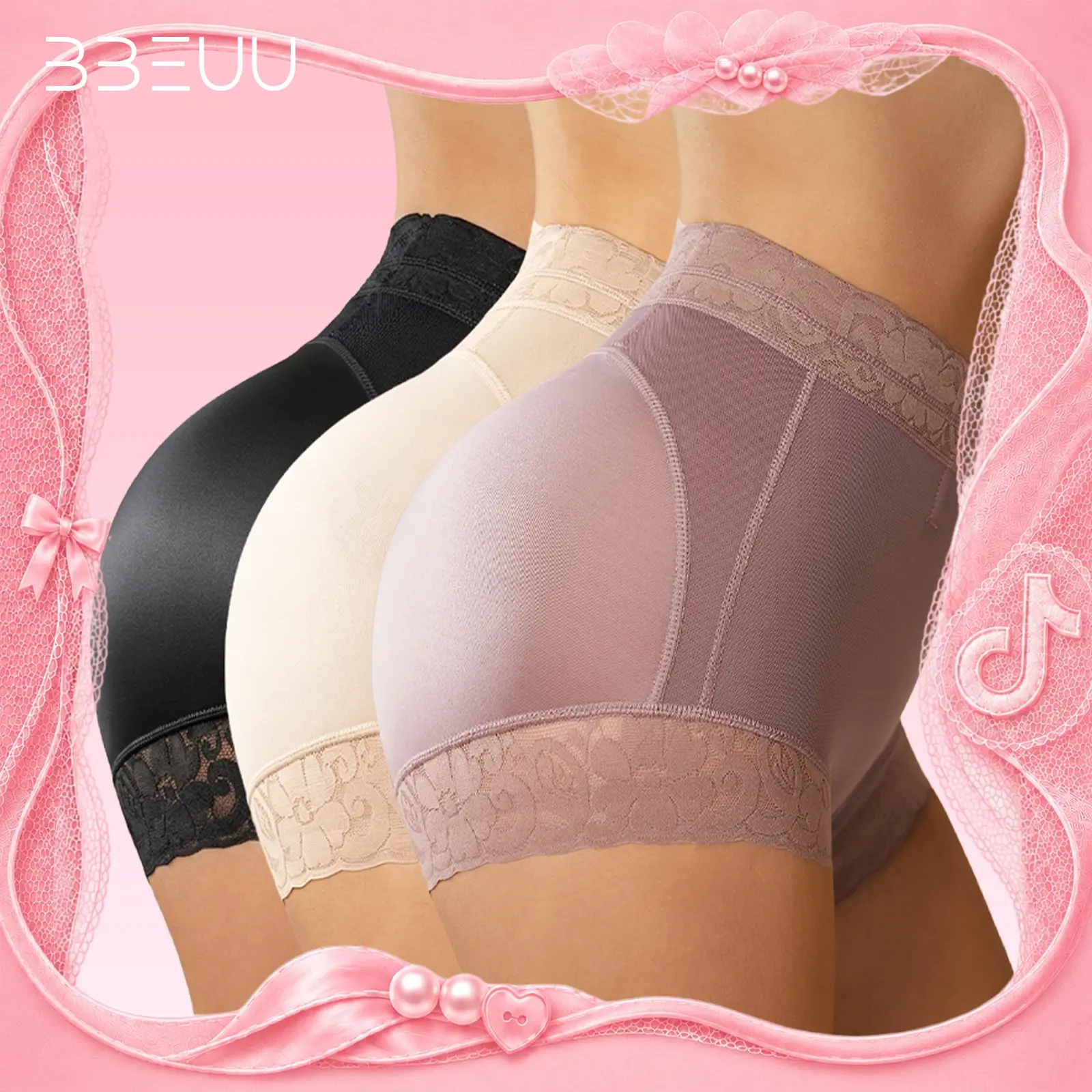 BBEUU Women's High-Waist Shapewear Panties –  Lace Mesh Breathable, Anti-Slip Strip, Sexy Elegant Daily Underwear