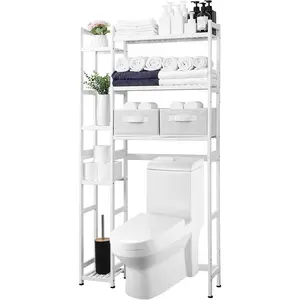 Homde Over The Toilet Storage with Basket and Drawer, Bamboo Bathroom Organizer with Adjustable Shelf & Waterproof Feet Pad, Space Saver Storage Rack for Bathroom, Restroom, Laundry,White