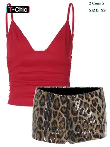 Women's Plain Ruched Backless Cami Top & Leopard Print Sequins Shorts Set, Ladies Clothes for All Seasons