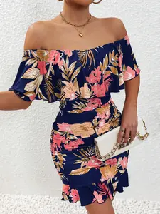 Tropical Print Off Shoulder Ruffle Trim Dress