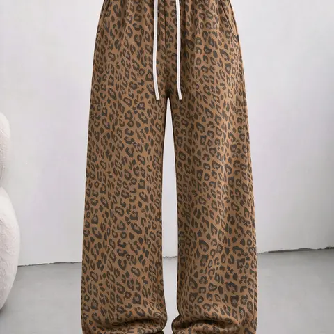 Women's Cotton Blend Leopard Print Straight Casual Pants - Adjustable Drawstring Waist, Spring-Autumn Wear, Fit for Outdoor Sports & Everyday Use, Womenswear Bottoms