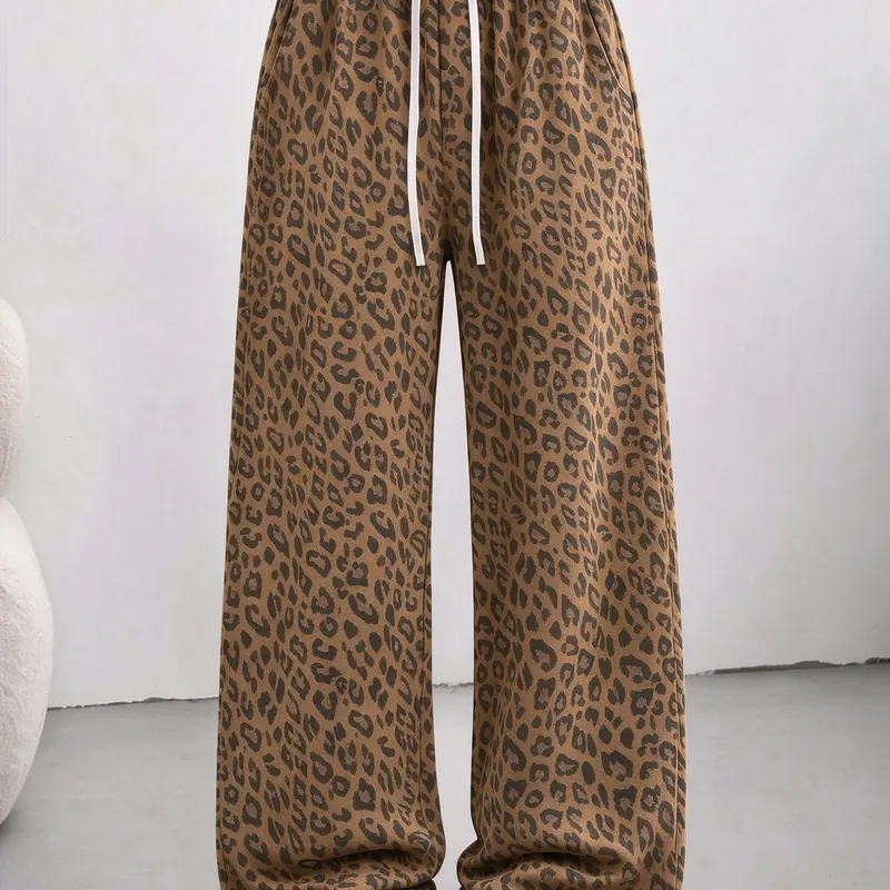 Women's Cotton Blend Leopard Print Straight Casual Pants - Adjustable Drawstring Waist, Spring-Autumn Wear, Fit for Outdoor Sports & Everyday Use, Womenswear Bottoms