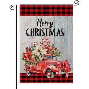 Christmas Red Truck Garden Flag 12x18 Inch Double Sided Burlap Poinsettia Candy Cane Winter Merry Xmas Yard Flag for Outside Patio Holiday Outdoor Decor