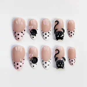 3D Black Cat Nails, Pink Polka Dot Nails, Heart Button Nails