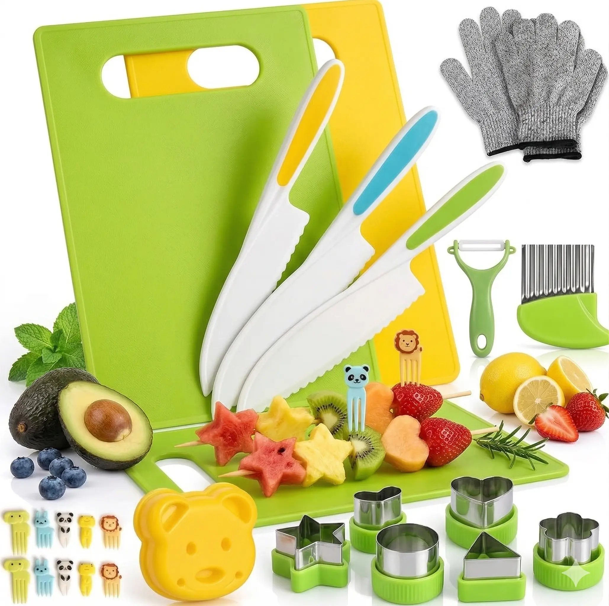 13PCS/28PCS Kids Cooking Knife Set, Toddler Kitchen Tools for Real Cooking with Cutting Boards, Crinkle Cutter, Peeler, Glove, Sandwich Cutters, Fruit Forks DIY by Sooshoom