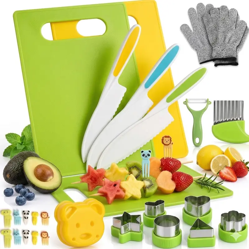 Sooshoom 13PCS/28PCS Kids Cooking Knife Set - Pretend Play Kitchen Accessories, Kids Toys Play Gift for Birthdays, Real Tools with Cutting Board, Crinkle Cutter, Peeler, Glove, Sandwich Cutter, Fruit-Fork Slicing for Fine Motor Skills