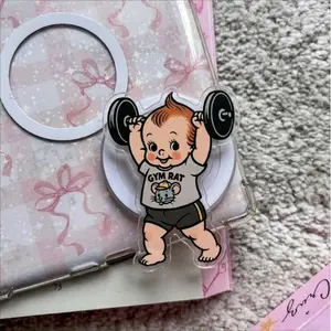 Gym Rat Baby Phone Grip, Cute Kawaii Kewpie Weightlifting Griptok, Aesthetic Fitness Girl Acrylic Phone Stand, Funny Barbell Lifting Tech Accessory, Gift for Gym Rat