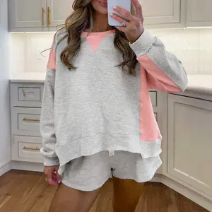 Light Grey Color Block Raw Hem Pullover and Casual Shorts Set