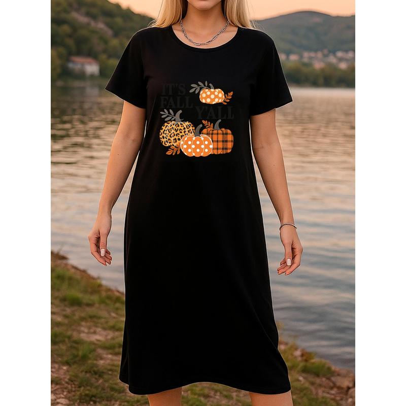 Women's Pajamas Bathrobe Nightgown T-Shirt Extra Long Dress Made of Fall Pumpkin Halloween Pattern Printed Fabric Comfortable Stylish Sexy Summer Loungewear Gift for Wives and Mothers Adjustable Nightie night gown women slim fit nightgown Nightwear Lace