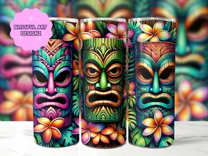 Tiki Tumbler 20 oz Skinny Tumbler Sublimation Beach Tumbler Tropical Tumbler, Hawaiian Tiki