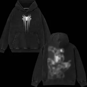 Superstyle Collection Friendly Neighborhood Symbiote Black Suit Spidey Hero MCU Edition Double Printed Oversize Lightweight Acid Washed Tee Hoodie Sweater Series Graphic Design Top Cotton Streetwear Comic Superheroes Hoodie Clothes Menswear Womenswear 9WV