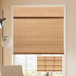 Cordless Bamboo Roman Blinds Shades for Indoor Windows-Blackout Room Darkening Roman Blinds with 6" Valance Cover Enhanced Privacy, 34" W x 64" H