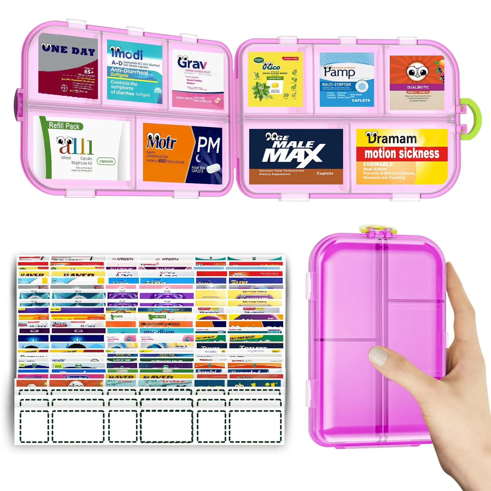 Compartmentalized BPA-Free Pill Organizer for Adults - Foldable Polypropylene Medicine Box, Portable Travel Case with 144 Labels, Easy-to-Clean, Heat-Resistant, Odorless Medical Supply