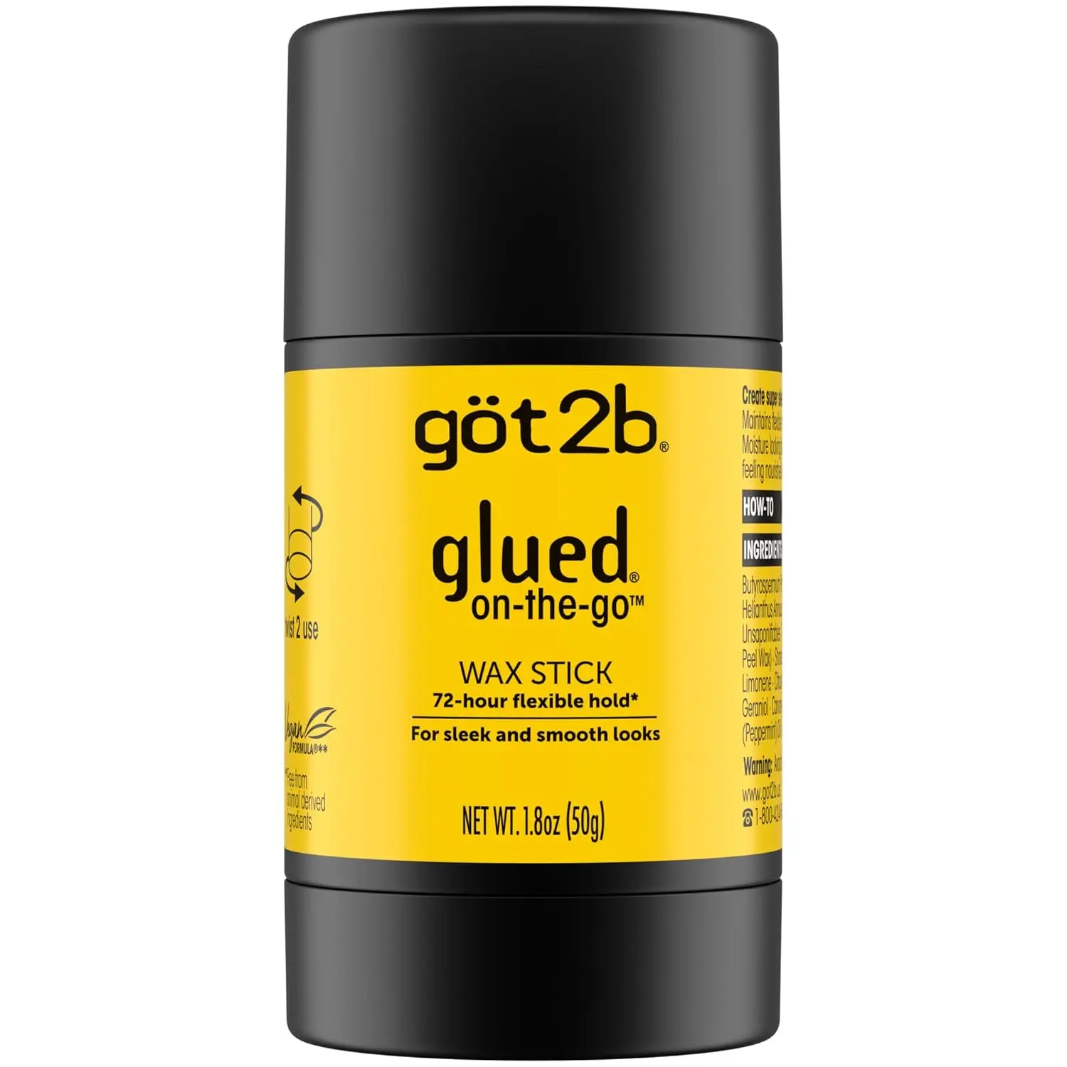 got2b Glued On-the-Go Hair Wax Stick - 1.8oz Coconut Shea Hydrating Vegan Moisturizer with Castor Oil, Unisex Haircare for Sleek Styles & Slick Back Looks, All Hair Types, Frizz Control, Non-Sticky Texture, Non-Crunch Finish
