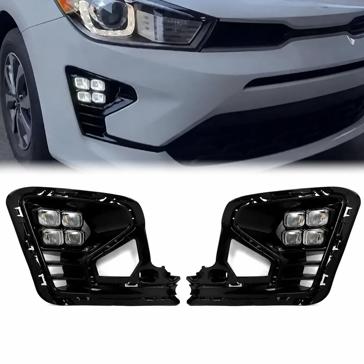 Pair Set Front Bumper LED Daytime Running Lights with Amber Turn Signal Fog Lamp Assemblies for Kia Rio 2021-2023, Left & Right