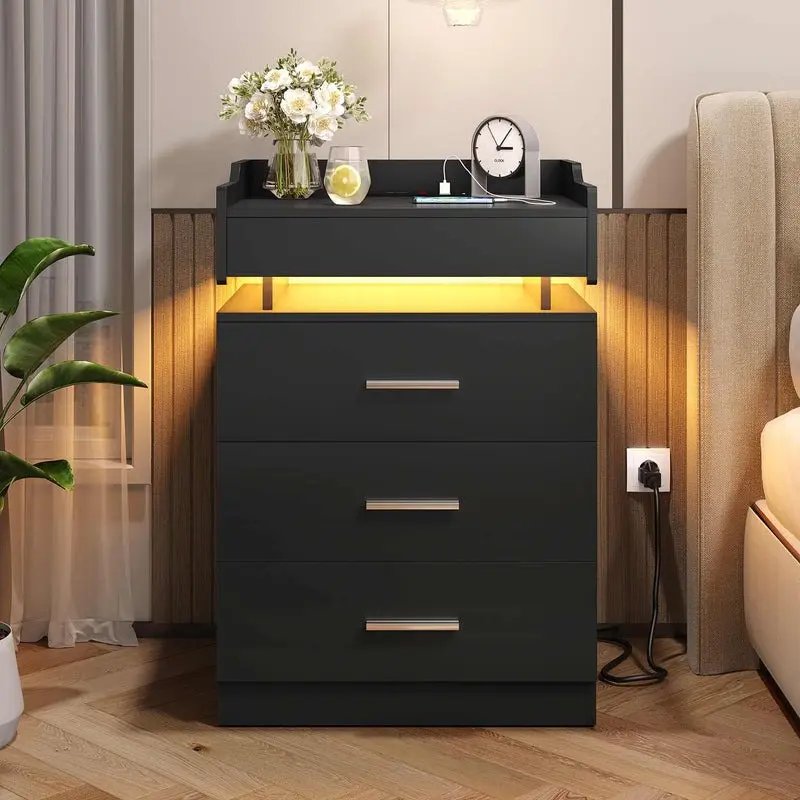 SIKAIC Large Modern Nightstand - Sturdy Black Indoor Smart Furniture, Single Unit Bedside Table with Built-in Storage, Charging Station, LED Lights, Requires Assembly