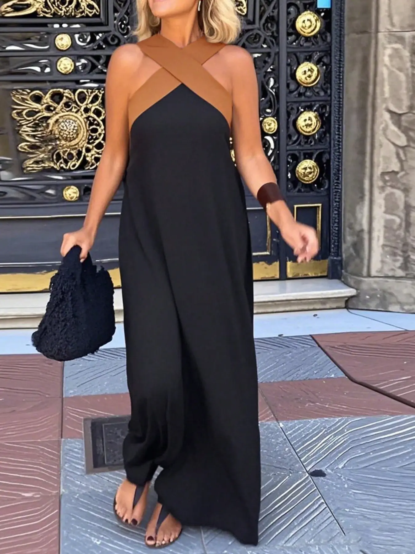 Plus Size Summer Dress, Fit, Solid, Elegant Business Style, Colorblock Cross over Neckline, Halter Strap One-Piece Dress, Commuter Fashion, Womenswear, Criss Cross Dresses, Cross Back Dress