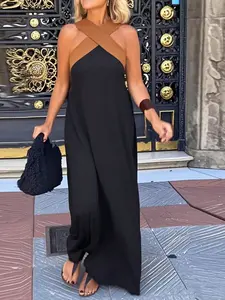Plus Size Summer Dress, Elegant Business Style, Colorblock Cross over Neckline, Halter Strap One-Piece Dress, Commuter Fashion
