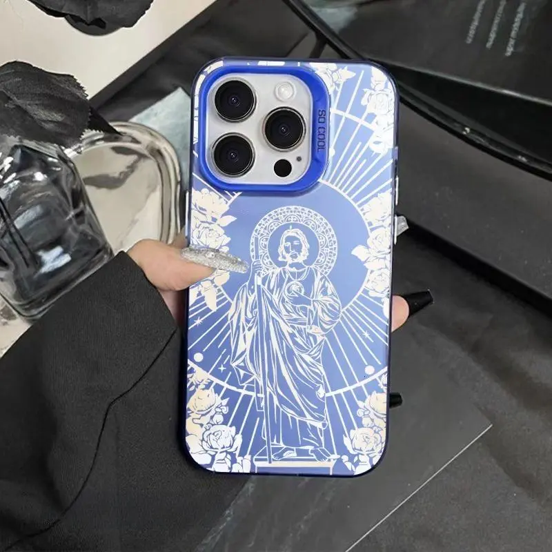 For Apple iPhone 17 Plus Pro Max Air 17E 16 16E 15 14 13 12 11 SE4 Samsung Galaxy S26 Ultra S25 S24 S23 S22 S21 Shockproof Slim Full Coverage TPU Phone Case, Whimsical Religious Figure with Robe, Halo, Rose and Church Prayer Elements, Stylish New