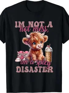 Men's  graphic  tees "I'm Not A Mess I'm Spicy Disaster" Graphic T-Shirt - Cute Pink Highland Cow with Fashion Glasses  100% Cotton Crew Neck Tee Top Streetwear dad  shirt summer  fits Menswear Soft apparel men  gifts Breathable Classic