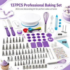 137 Pcs Cake Decorating Supplies Kit with Rotating Turntable, 58 Icing Tips, Piping Bags, Spatulas, Scrapers & Baking Tools Set for Beginners & Pros, Cake Decorating Set for Frosting, Birthday Cakes, Cupcakes Floral Smooth