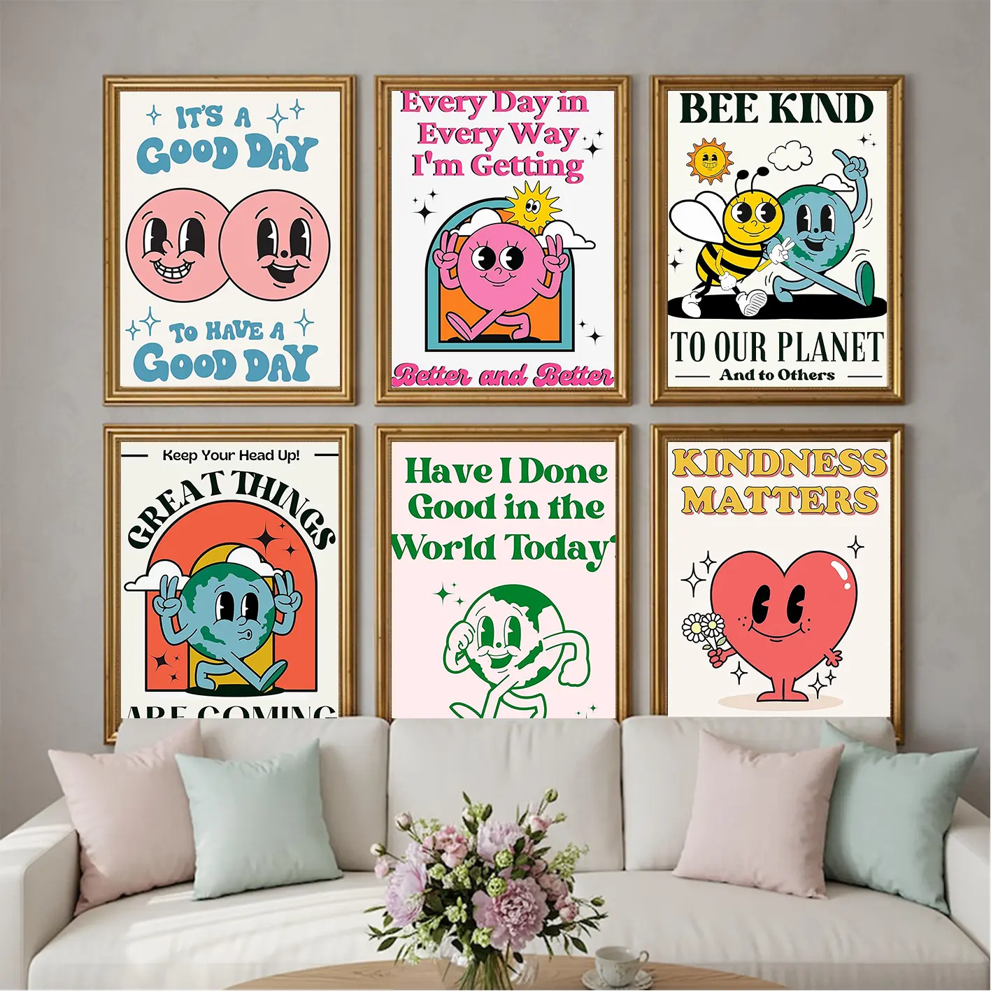 Retro-Style Positive Energy Artistic Posters - Aesthetic Decor Wall Art Prints, Cute 70s Treat Others with Kindness Posters for Classrooms, Bedrooms, Teenagers