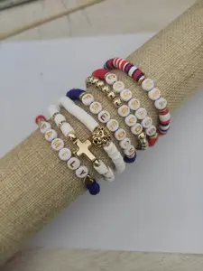 God Family Country Clay Bead Bracelet Set with Gold Cross Charm and Red White Blue Accents for Stylish Wear