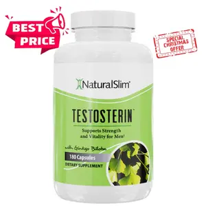NaturalSlim Testosterin - Natural Energy & Muscle Support Supplement with Ginkgo Biloba L-Arginine Zinc & Vitamin B3 for Strength Stamina & Metabolism - 180 Capsules