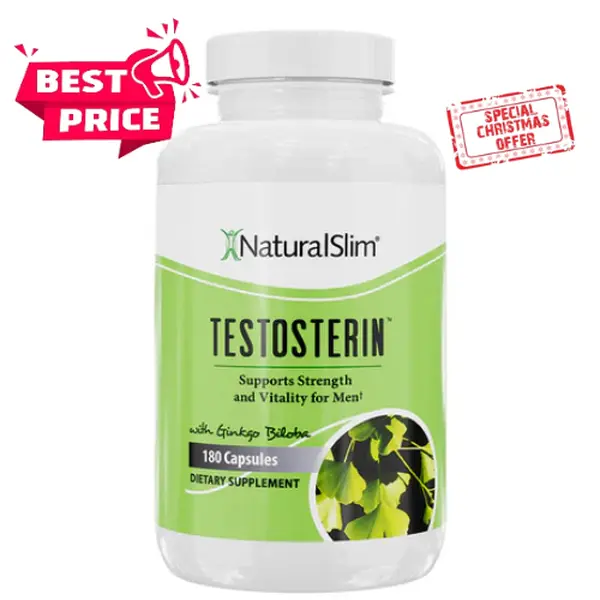 NaturalSlim Testosterin - Natural Energy & Muscle Support Supplement with Ginkgo Biloba L-Arginine Zinc & Vitamin B3 for Strength Stamina & Metabolism - 180 Capsules