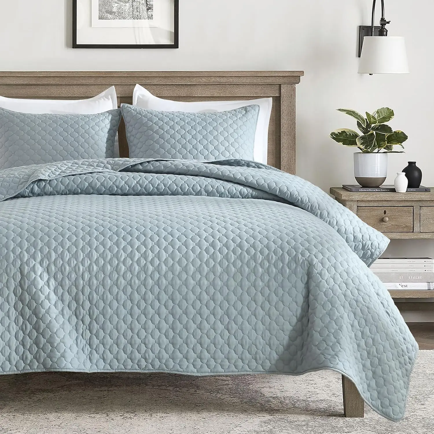Quilt Queen ize Chambray Blue, Lightweight Quilts for ummer Ultra-oft Microfiber Modern tyle Quilted Clouds Pattern Bedspread Quit et  Pieces( Quilt and  Pillow hams)