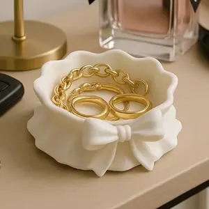 Plastic Jewelry Tray with Ruffled Bow Design, Home Storage Organizer, Desk Decor, Office Table Accessory, Party Decoration