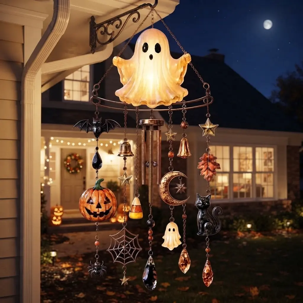 Halloween Glowing Ghost Wind Chimes - Solar Outdoor Lights, Haunted Theme Ornament with Spooky Pumpkin, Black Cat, Metal & Resin-Cloth Build, Ambient Glow Decor for Both Indoor/Outd. Porch, Unique Home Gift, Spooky Icons