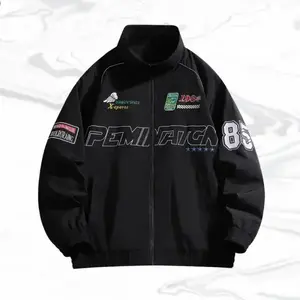A men's black jacket with multiple elements printed on it, featuring a street fashion style, stylish stand collar design, and various eye catching prints all over. The smooth zipper makes it easy to wear. Perfect for casual outings with friends to trendy