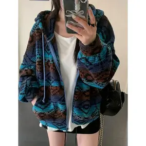 Women's Turquoise Blue/Brown/Black/Beige Southwestern Jacket - Thick Winter Coat with Fringe-Like Hem, Turquoise Button Closure & Elastic Waist Drawstring, Machine Washable Boho-Chic Outerwear for Fall & Winter (Casual or Dressy Events), Fall Jacket Women