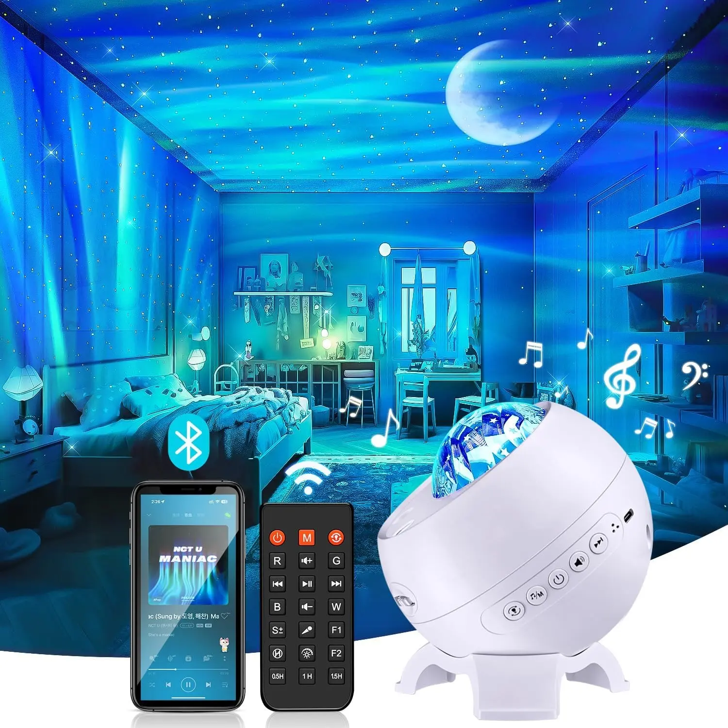 Galaxy Projector Northern Lights Projector, 15 Colors Star Moon Lamp Aurora Projector, White Noise & Bluetooth Speaker Star Projector Galaxy Light, Remote Moon Light Cloud Lights for Ceiling Projector