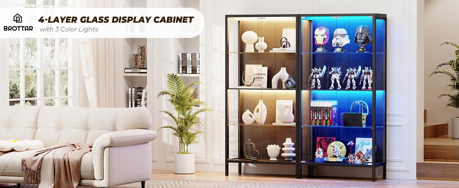 BROTTAR Metal Display Cabinet with Glass Doors, 4-Tier Curio Cabinet with 3 Color Lights for Collectibles, Glass Display Case with Human Body Sensor, Storage Cabinets with Adjustable Glass Shelves, Black
