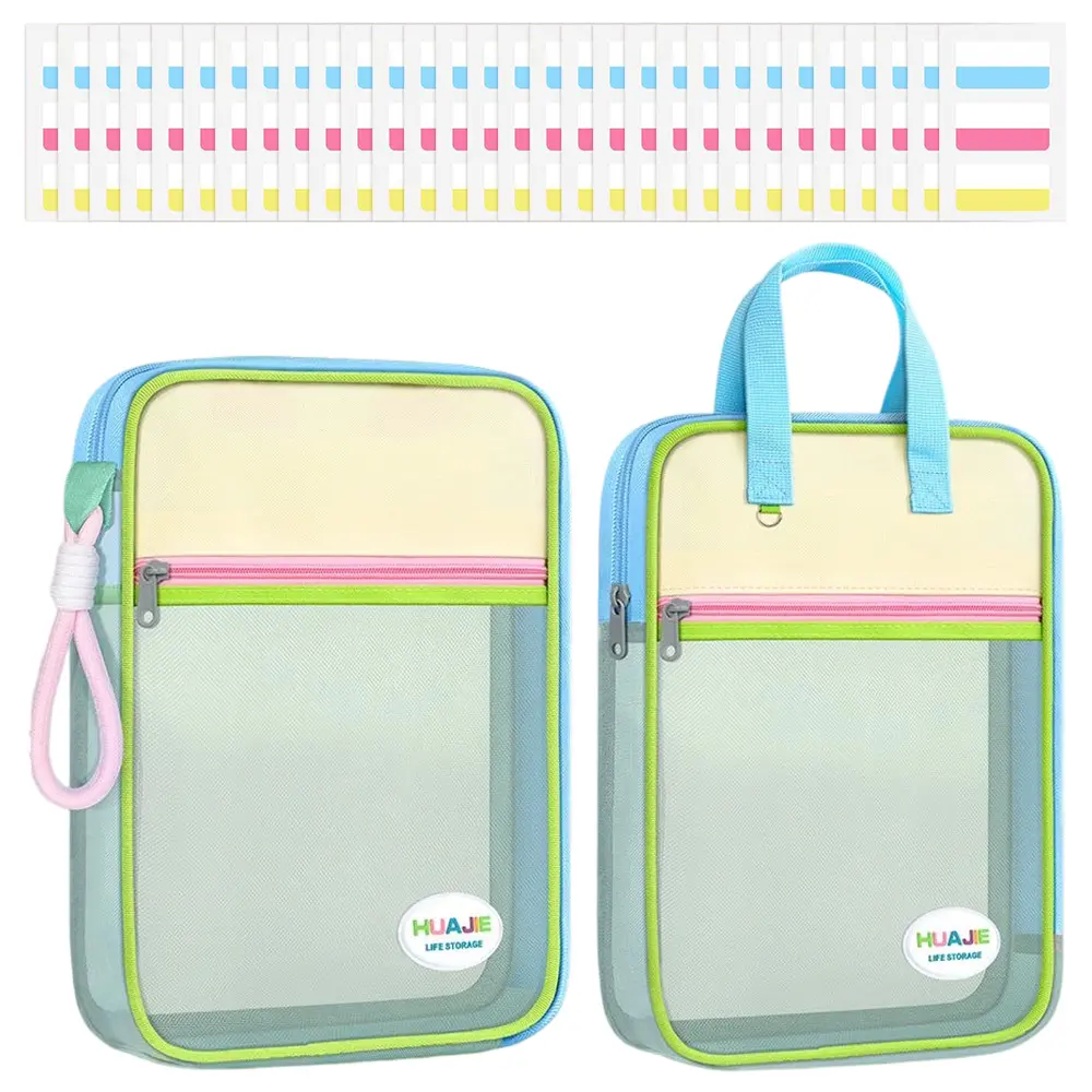 2 Pack Mesh Document Pouches with Handle, Multi-Pocket Zipper File Folder, Portable Transparent Mesh Storage Bag for School, Office & Travel