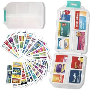 Travel Pill Organizer Box/ 147 Brand Labels , 10 Compartment Small Pill Case Medicine Kit, Daily Weekly Vitamin Supplement Medication Holder, Portable Pocket Purse Pharmacy