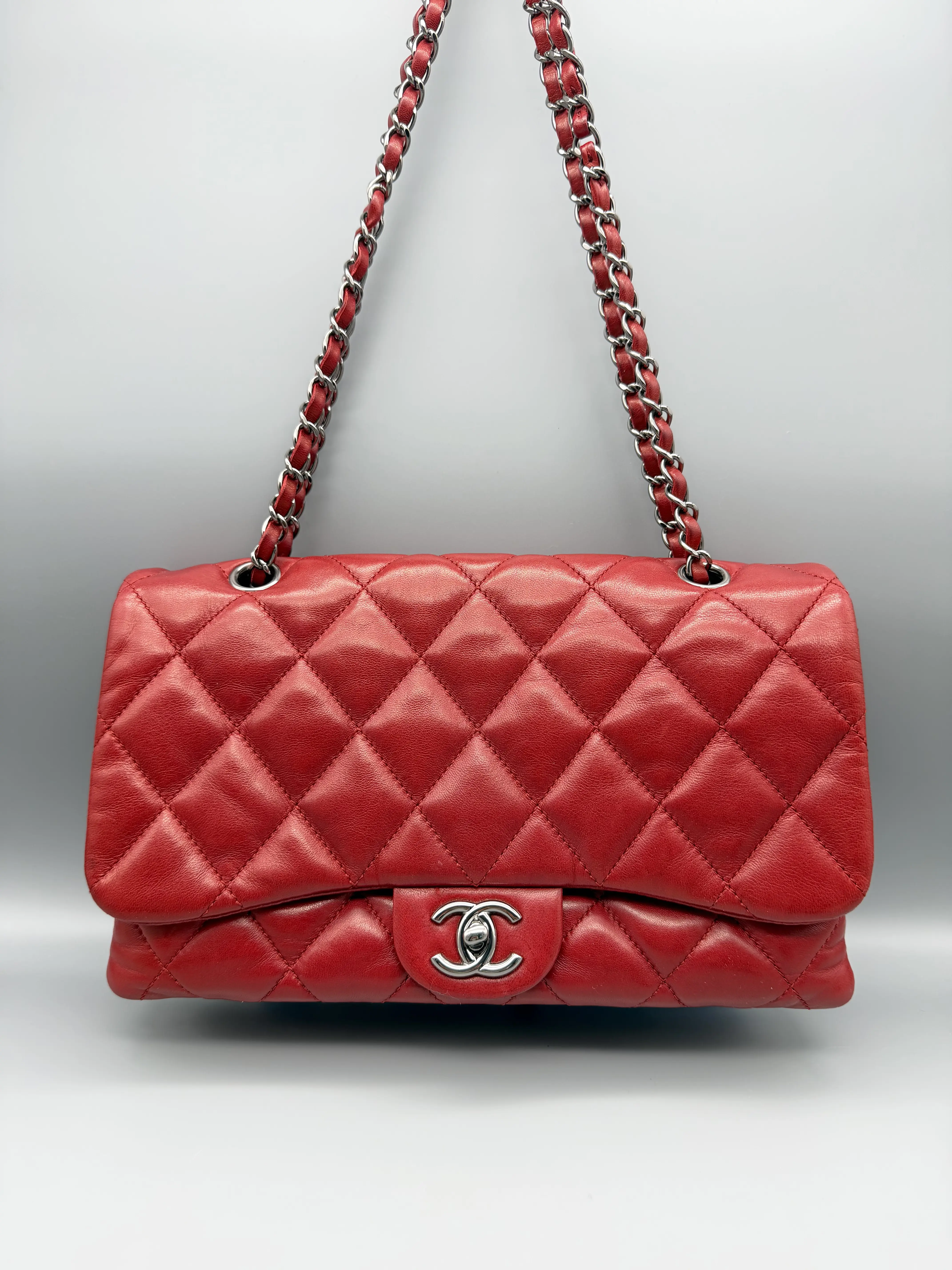Pre-owned CHANEL Lambskin Shoulder Bags Medium Accordion Flap Bag – Red Quilted with Gunmetal Chain Strap