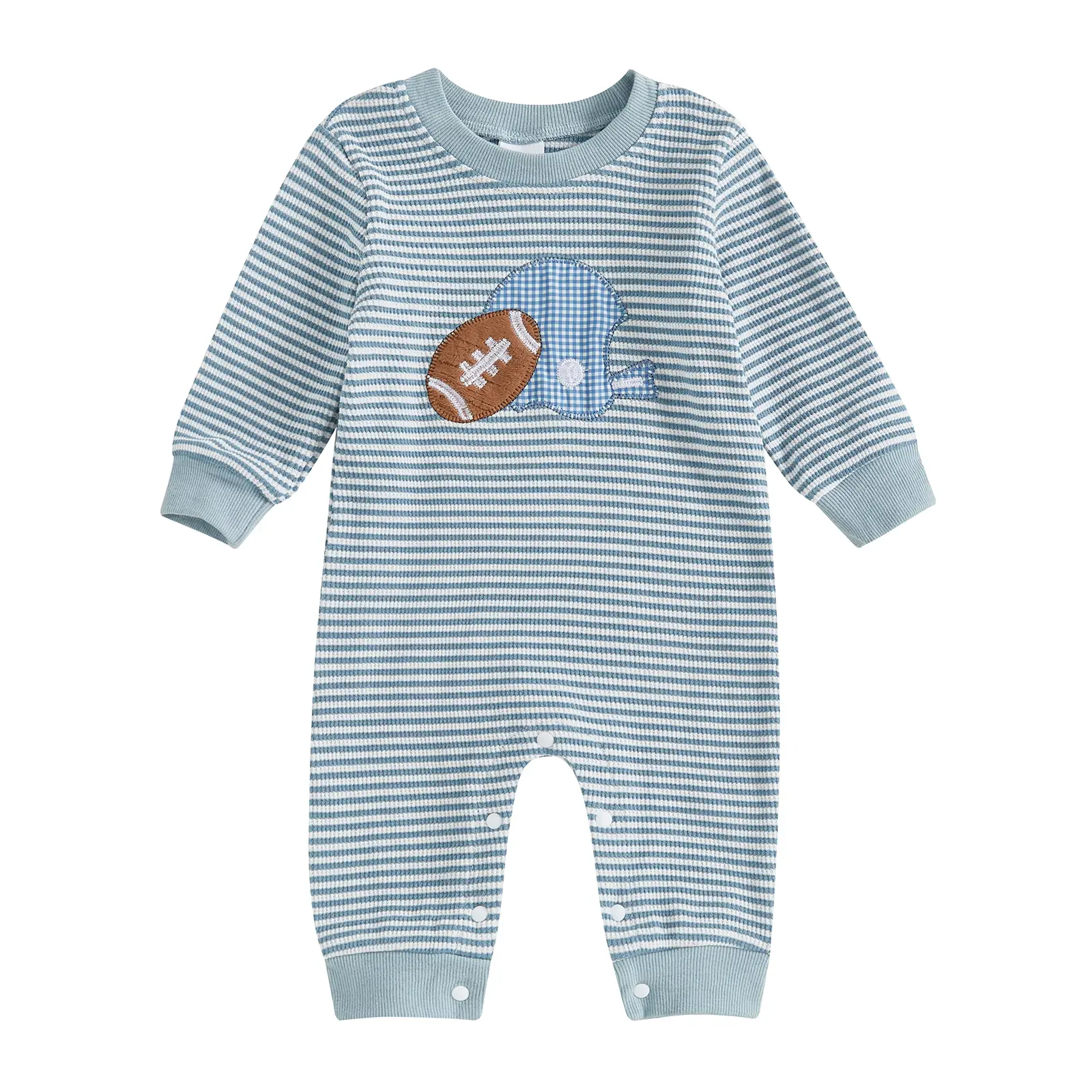 Newborn Baby Boy Girl Football Outfit Rugby Embroidery Striped Romper Waffle Knit Long Sleeve Jumpsuit Fall Clothes