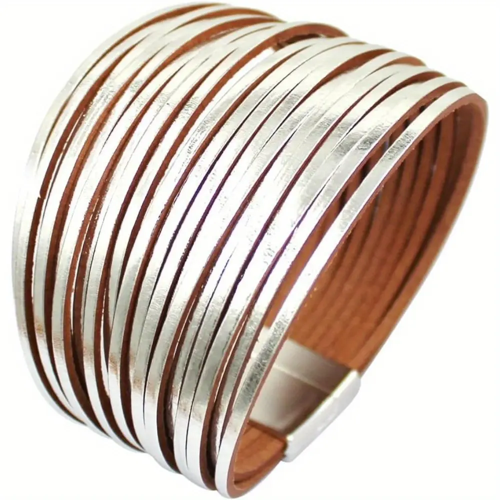 Boho Faux Leather Cuff Bracelet for Women, Multilayered Stackable Wrap with a Magnetic Clasp, Mixed Texture Multicolor Jewelry, Multicolor Stackable Bracelets