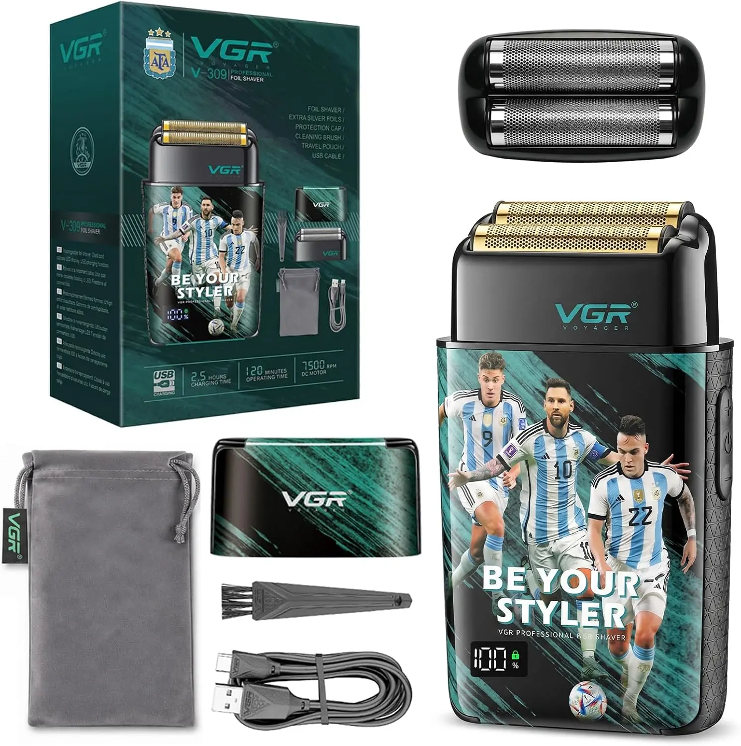 VGR 309 Dual Flexing Foil Shaver for Bald Men - 3-Speed, IPX6 Wet&Dry, Rechargeable Cordless Razor with Titanium Foils, 1200mAh Battery, Travel Lock, for Beard & Neck Grooming