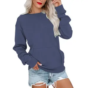 Women's round neck hooded sweatshirt hooded sweatshirt kangaroo pocket wool long sleeved oversized casual style shirt hooded sweatshirt solid color pullover lightweight loose topRAIMENTRY