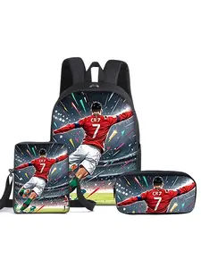 Football pattern printed 16-inch backpack three-piece set (single-layer backpack + small shoulder bag + single-layer pencil bag)