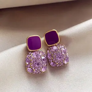 New Style Purple Zircon Square Earrings, Unique Retro Light Luxury High-Grade Stud Earrings, Elegant Fashion Versatile Earrings for Women DZEH5036